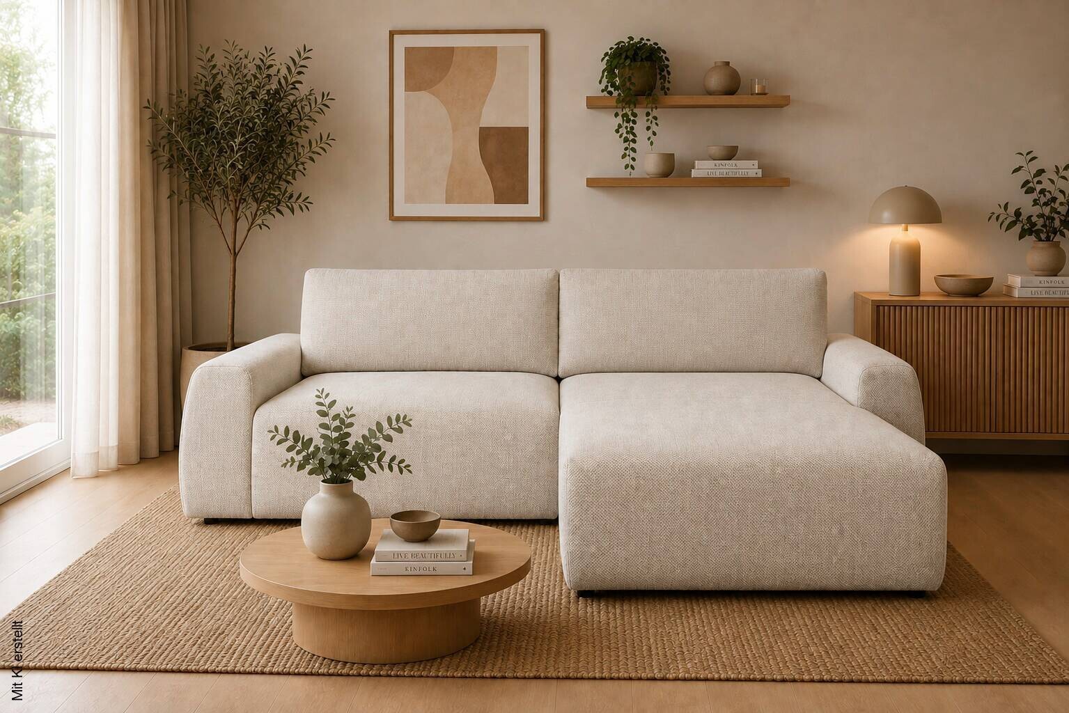 Ecksofa mit Bettfunktion und Bettkasten beige Microfaser B/H/T: ca. 293x88x172 cm