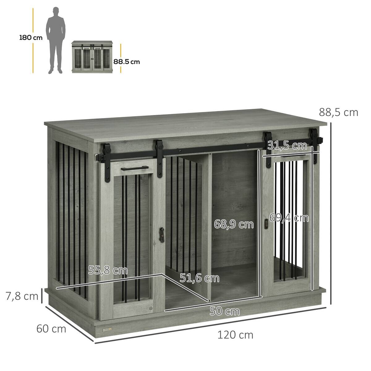PawHut Hundekäfig grau MDF B/H/L: ca. 60x88,5x120 cm