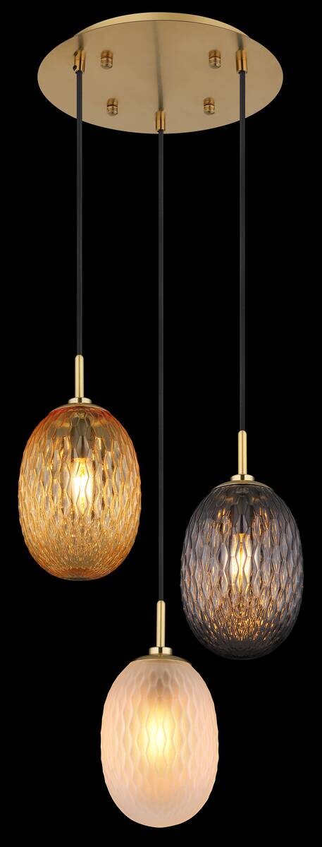 GLOBO Pendelleuchte schwarz gold amber Glas Metall Textil H/D: ca. 120x36 cm E14 3 Brennstellen
