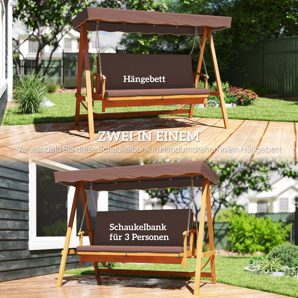 Outsunny Hollywoodschaukel braun Holz B/H/L: ca. 130x181x236 cm