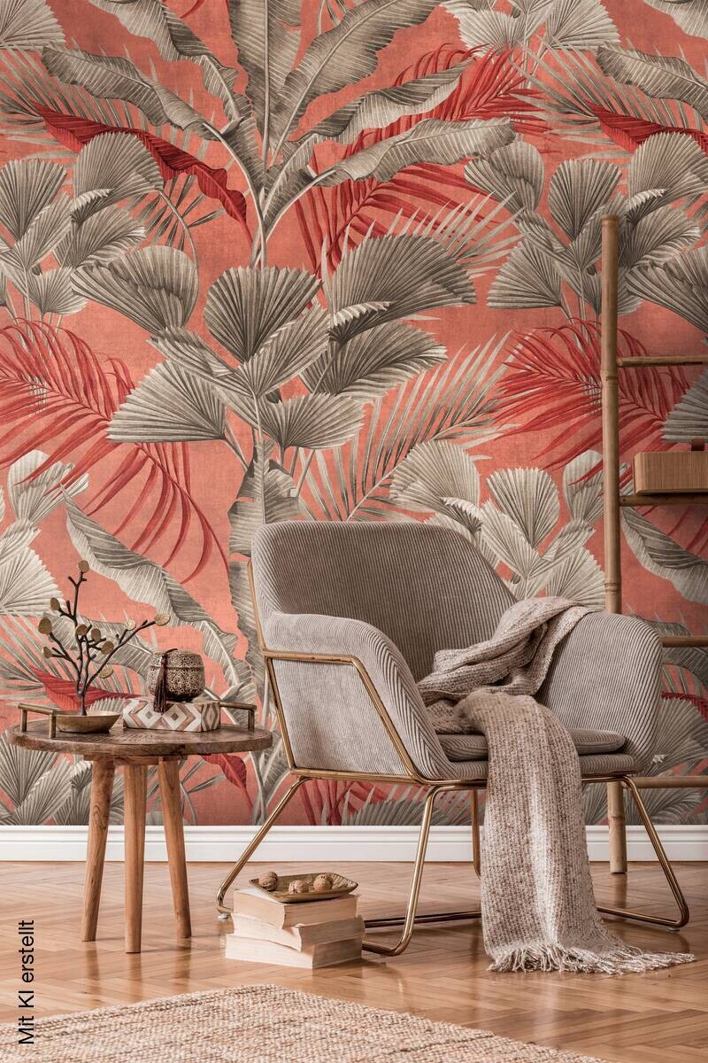 Livingwalls Fototapete Blätter grau rosa rot B/L: ca. 280x159 cm