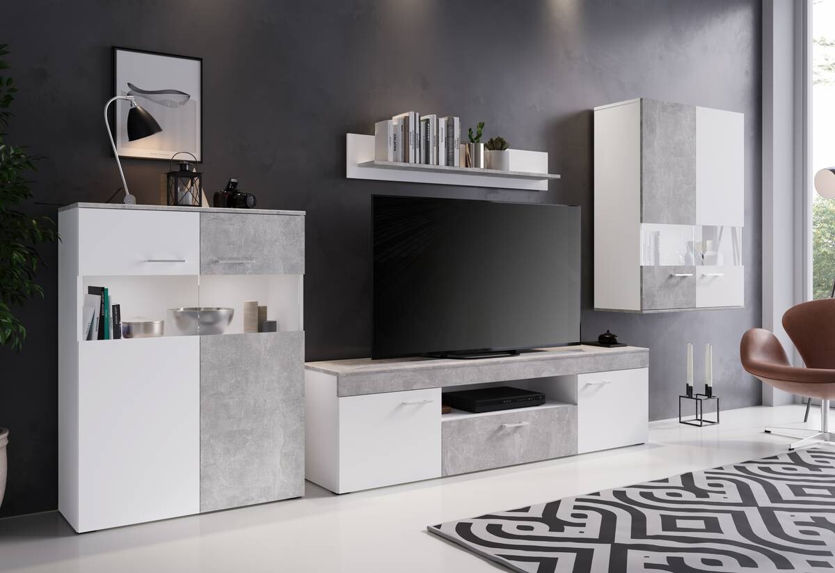 TV-Lowboard Vulcan Plus Beton Optik weiß B/H/T: ca. 180x49x40 cm