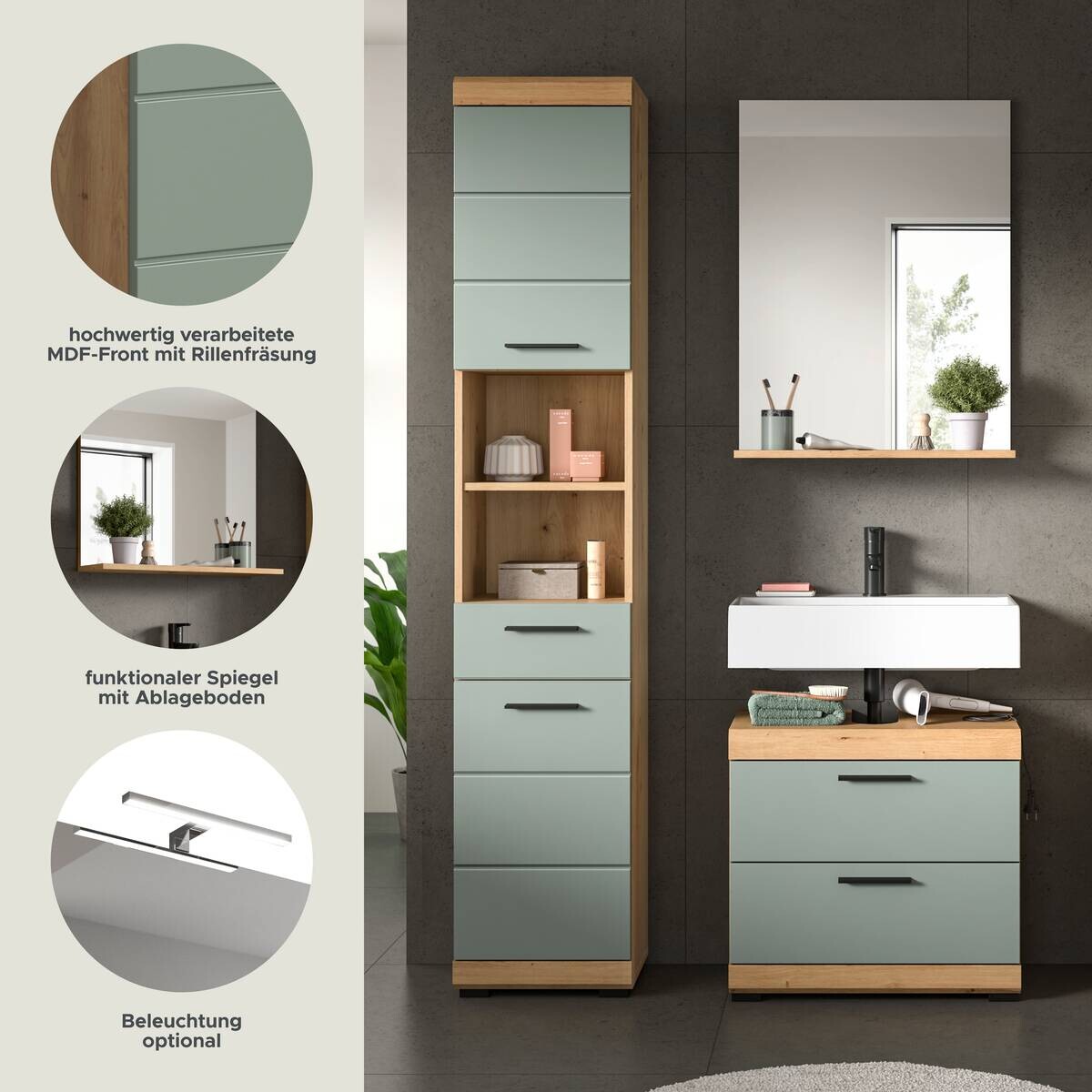 Badezimmer-Set Scout Eiche Artisan Nachbildung salbei Nachbildung B/H/T: ca. 112x191x37 cm