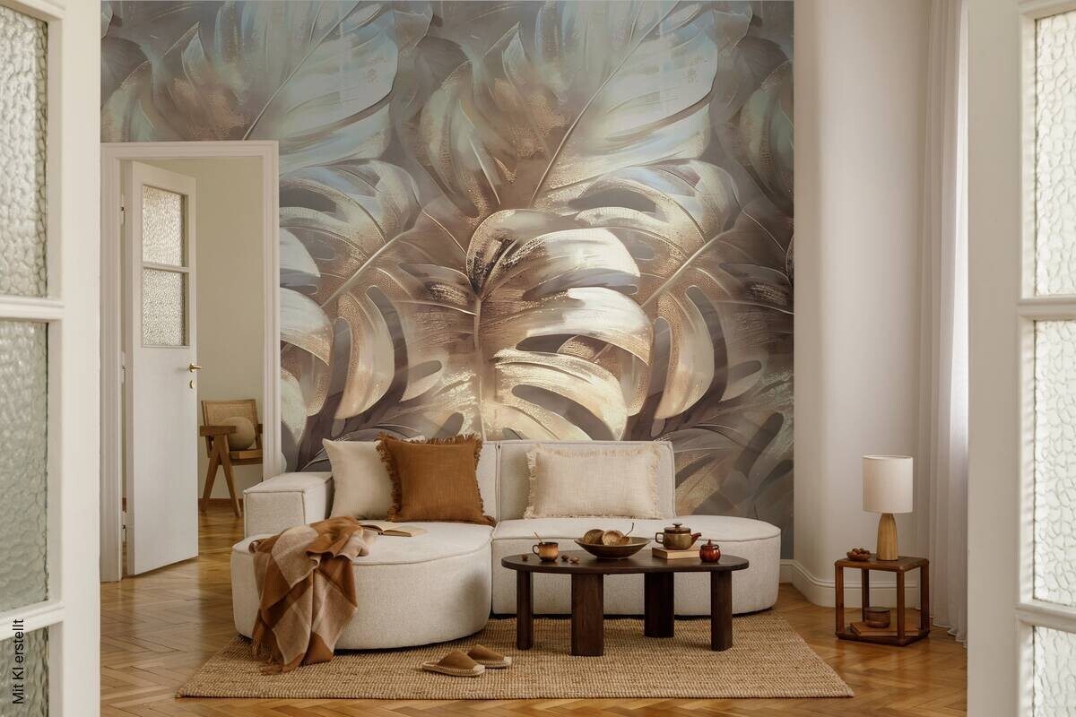 Livingwalls Fototapete Blätter creme beige B/L: ca. 280x159 cm metallic