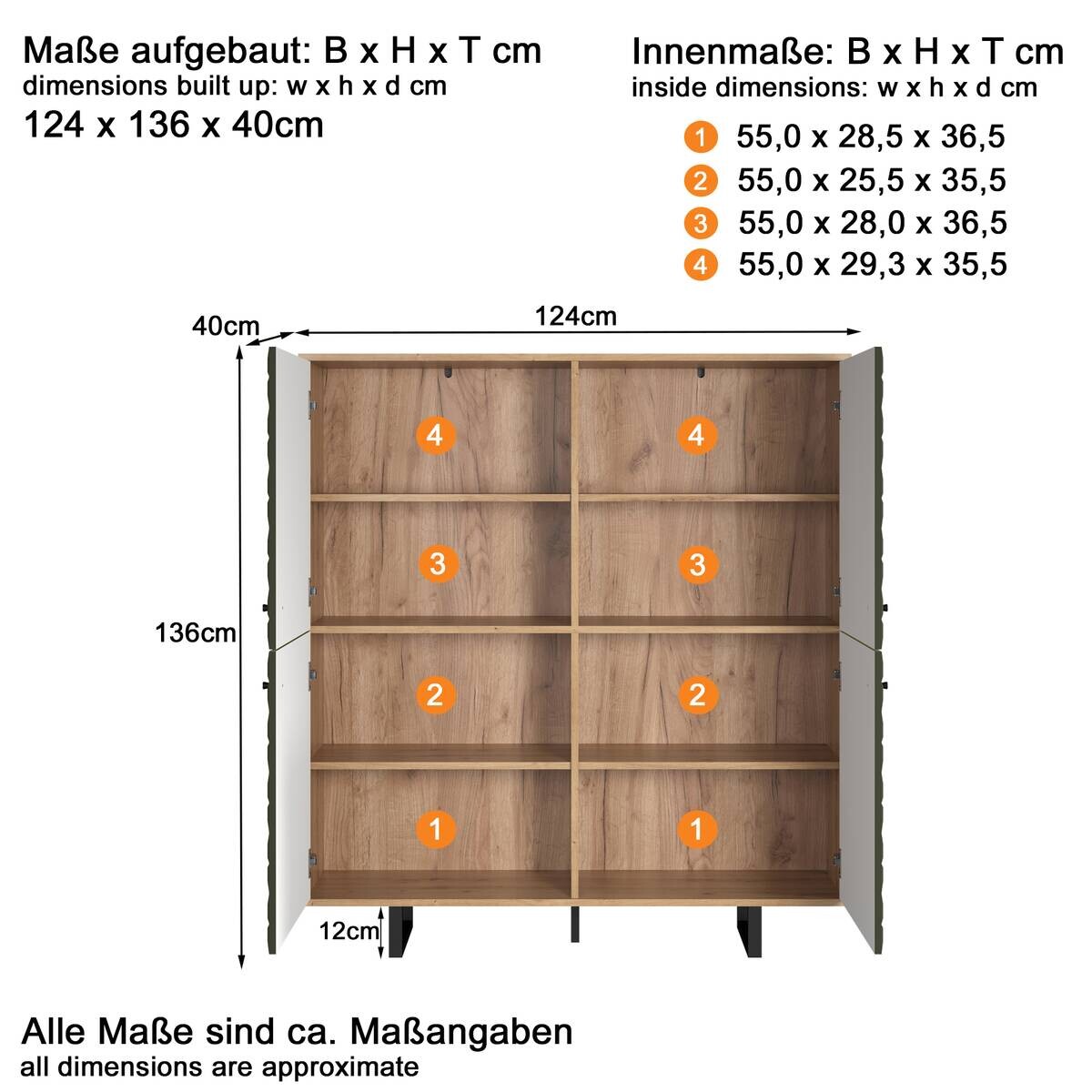Highboard Sentra Eiche Artisan Nachbildung grün dunkel B/H/T: ca. 124x136x40 cm