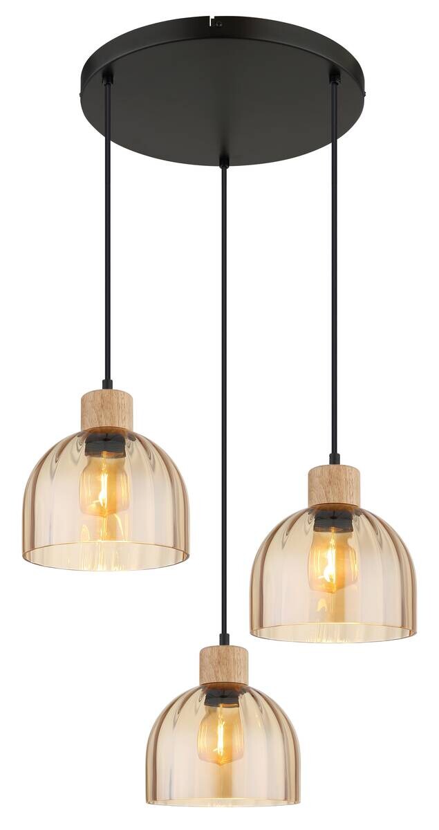 GLOBO Pendelleuchte schwarz amber Glas Metall H/D: ca. 130x40 cm E27 3 Brennstellen