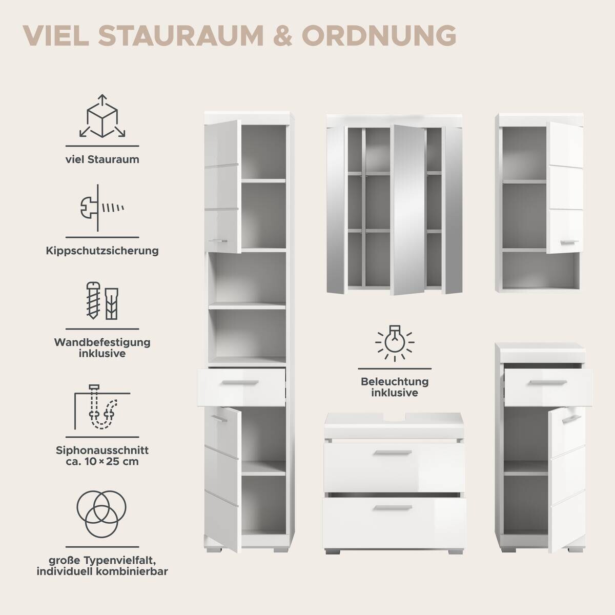 Badezimmer-Set Scout weiß weiß Hochglanz B/H/T: ca. 164x191x34 cm