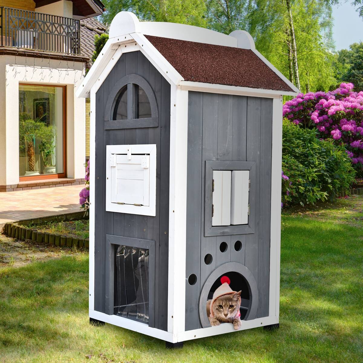 PawHut Katzenvilla grau Holz B/H/L: ca. 55x109x59 cm