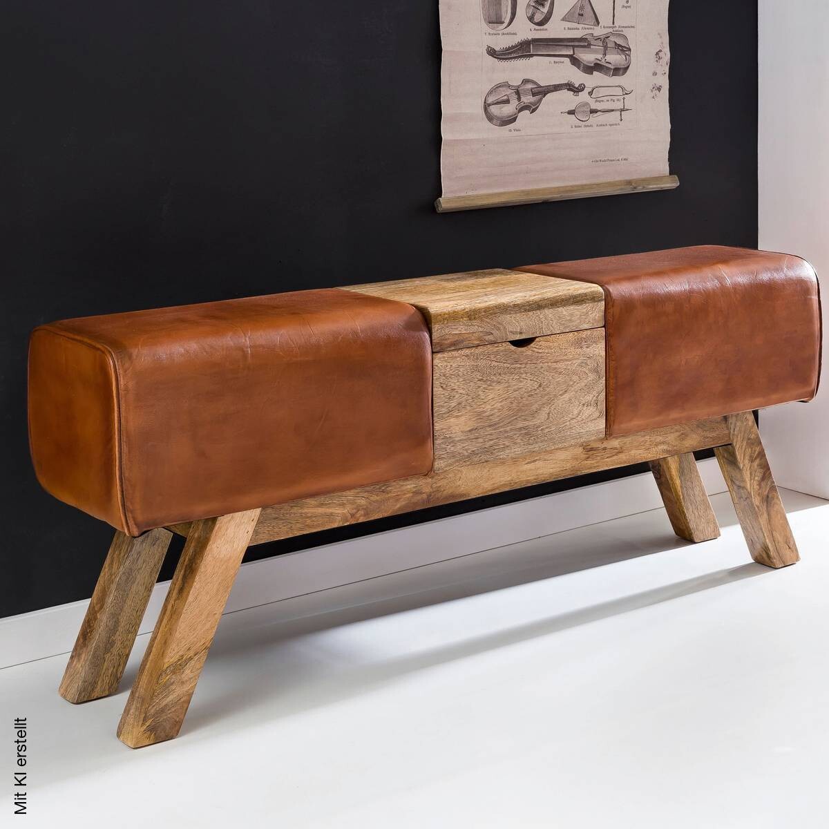 Wohnling Sitzbank braun natur Leder Echtholz B/H/T: ca. 120x53x29 cm
