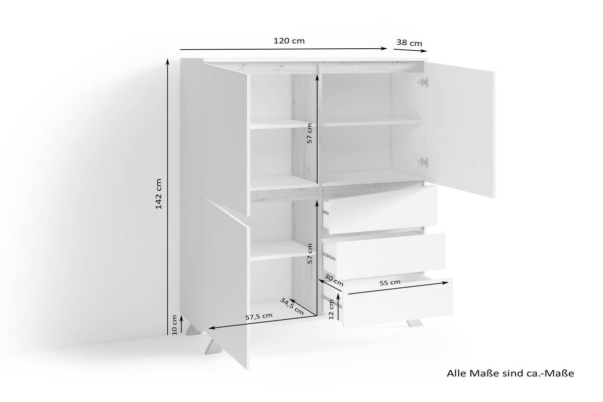 Highboard VALENTIN weiß Eiche Nachbildung B/H/T: ca. 120x142x38 cm