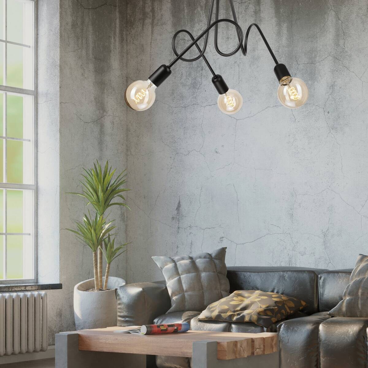 Lamkur Kronleuchter schwarz Stahl B/H/L: ca. 39x54x54 cm E27 3 Brennstellen