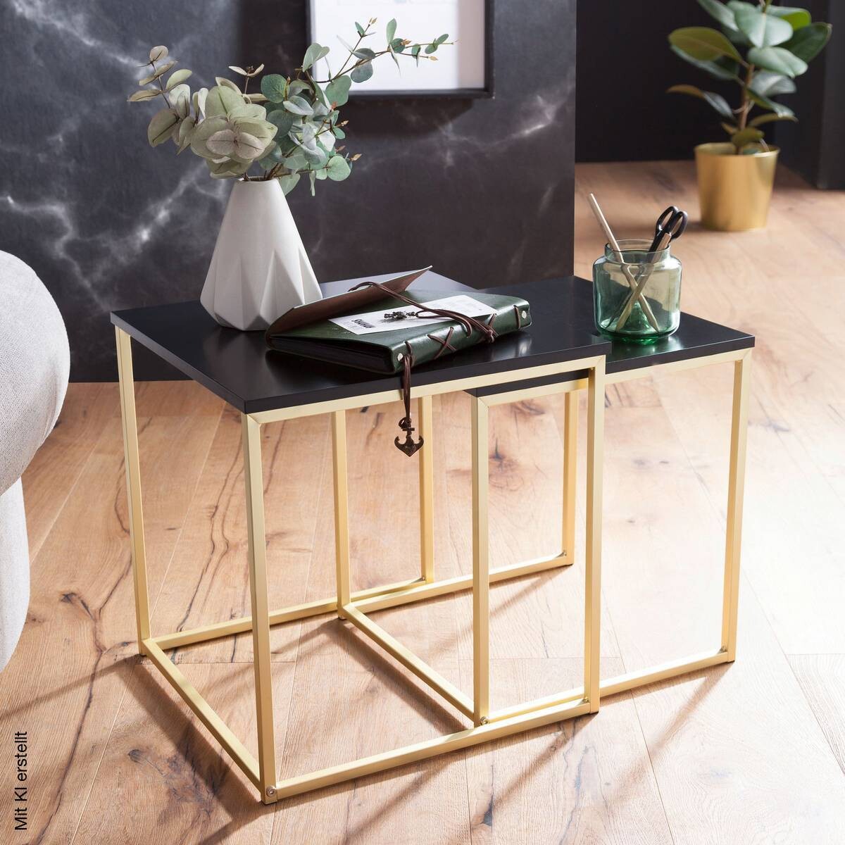 Beistelltisch 2er-Set schwarz Lack matt gold lackiert MDF Metall
