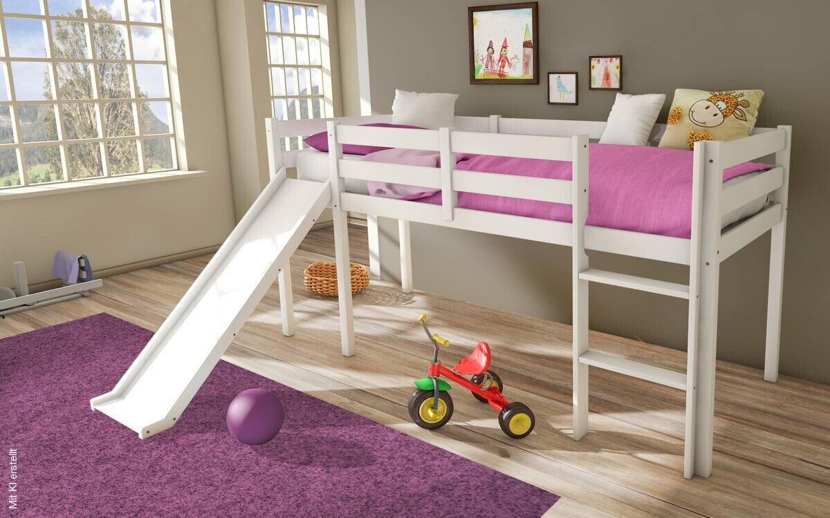 Hochbett mit Rutsche Amir kiefer weiß Liegefläche B/L: ca. 90x200 cm