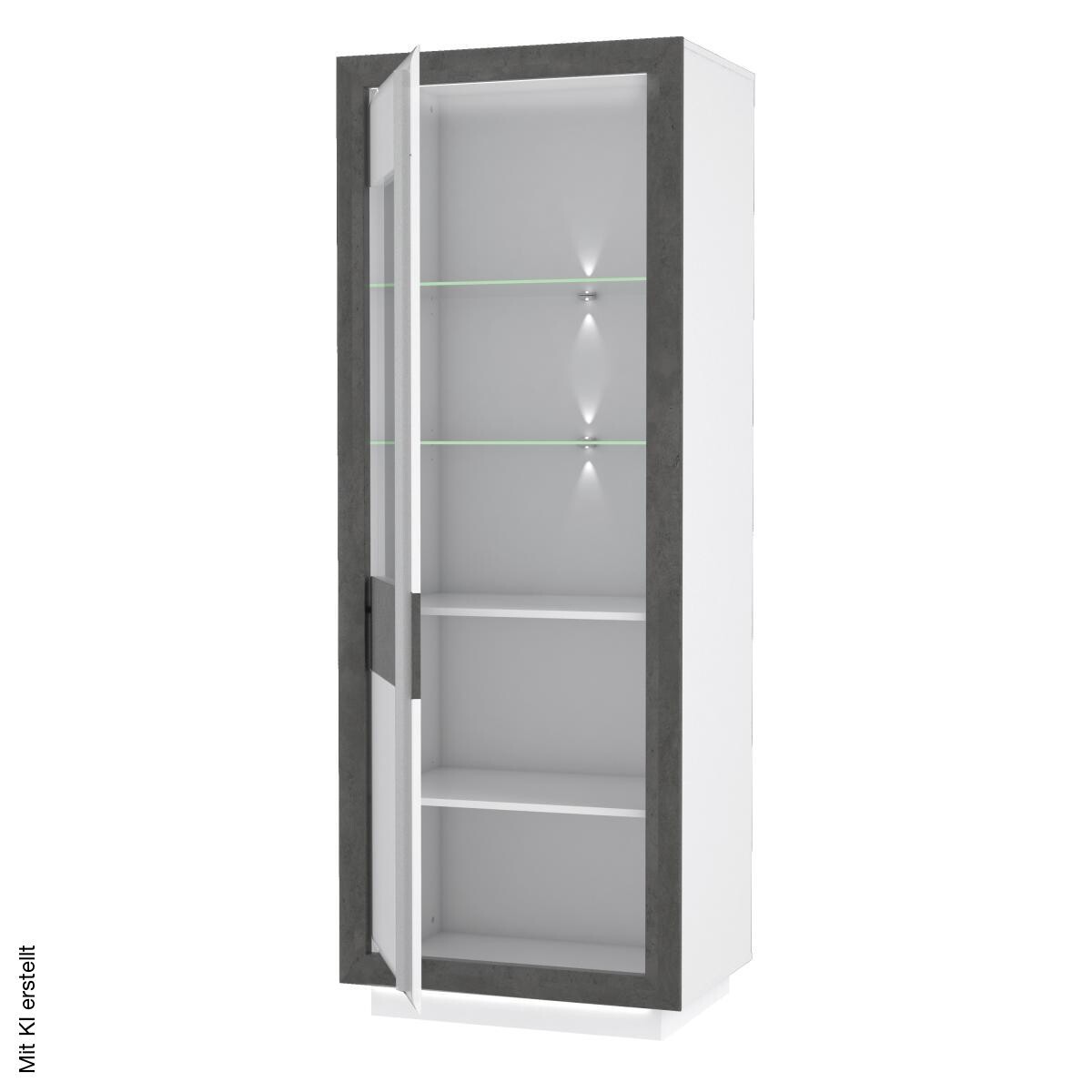 Vitrine weiß Hochglanz Beton dunkel Optik B/H/T: ca. 73x197x53 cm