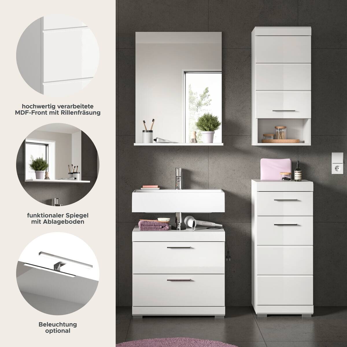 Badezimmer-Set Scout weiß weiß Hochglanz B/H/T: ca. 112x191x37 cm