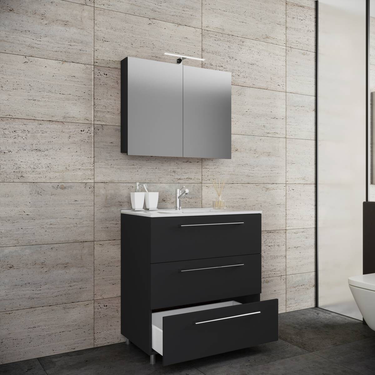 Waschplatz 3tlg-Schubo schwarz B/H/T: ca. 80x86x46 cm