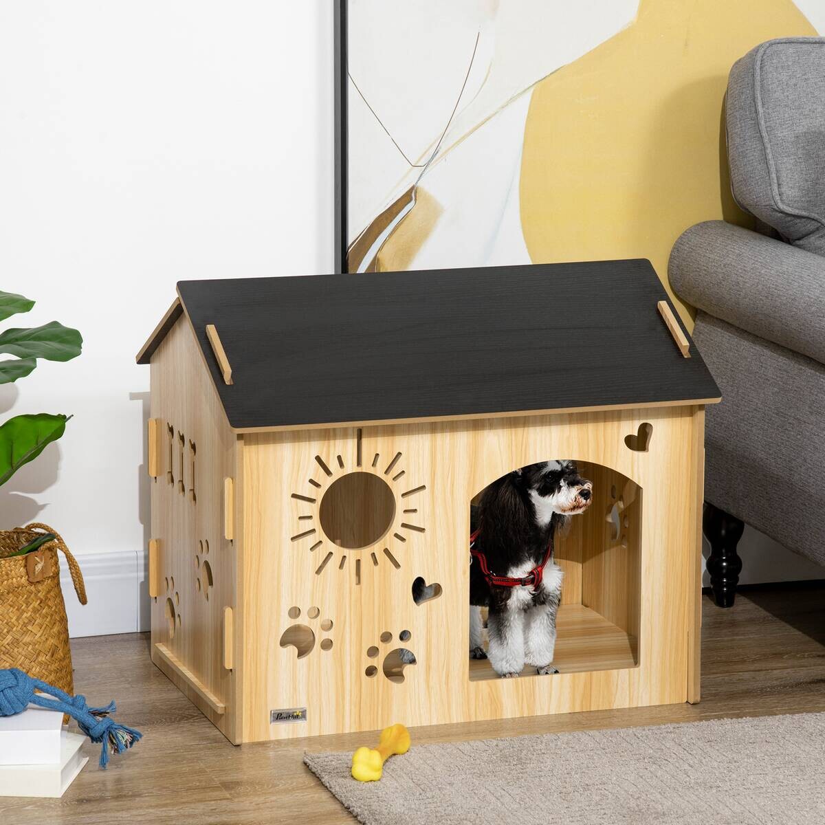 PawHut Hundehütte Eiche MDF B/H/L: ca. 50x58,5x69 cm