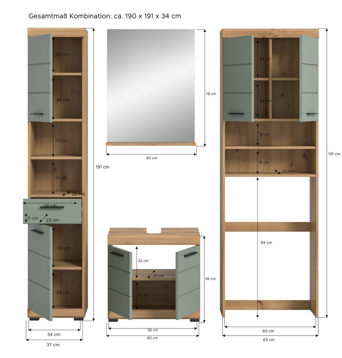 Badezimmer-Set Scout Eiche Artisan Nachbildung salbei Nachbildung B/H/T: ca. 190x191x34 cm