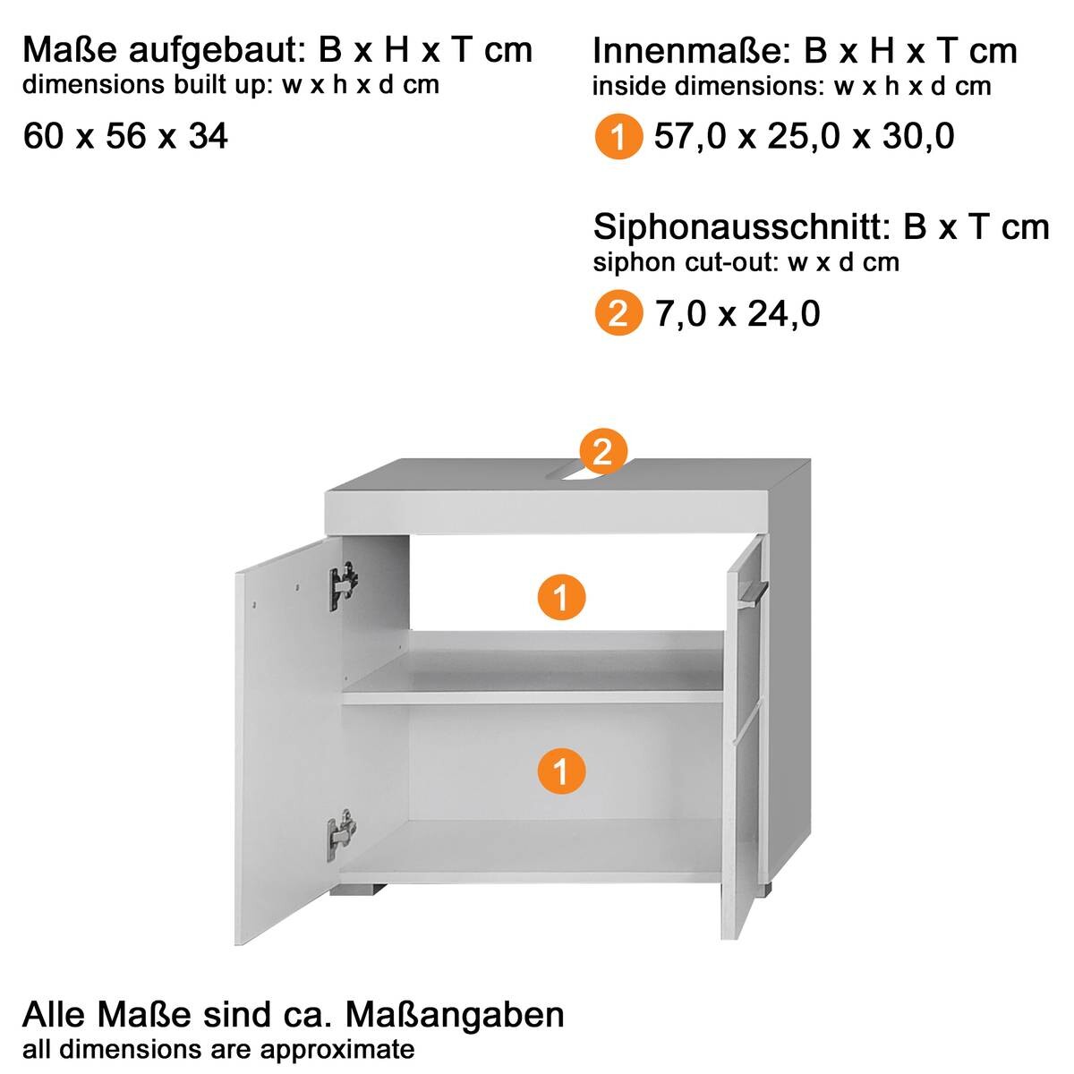 Waschbeckenunterschrank Amanda weiß Hochglanz Asteiche Nachbildung B/H/T: ca. 60x56x34 cm