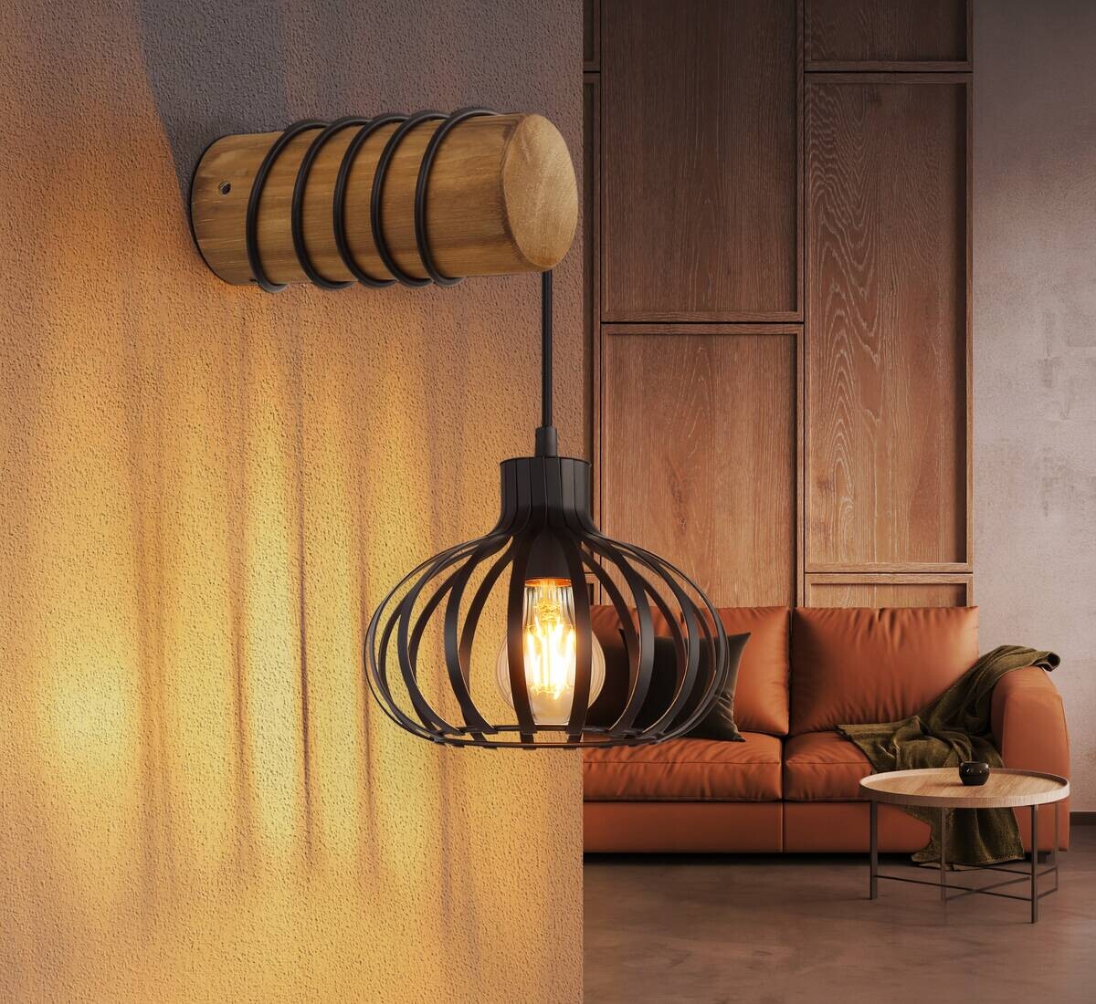 GLOBO Wandleuchte schwarz braun Metall Holz B/H: ca. 20x59 cm E27 1 Brennstellen