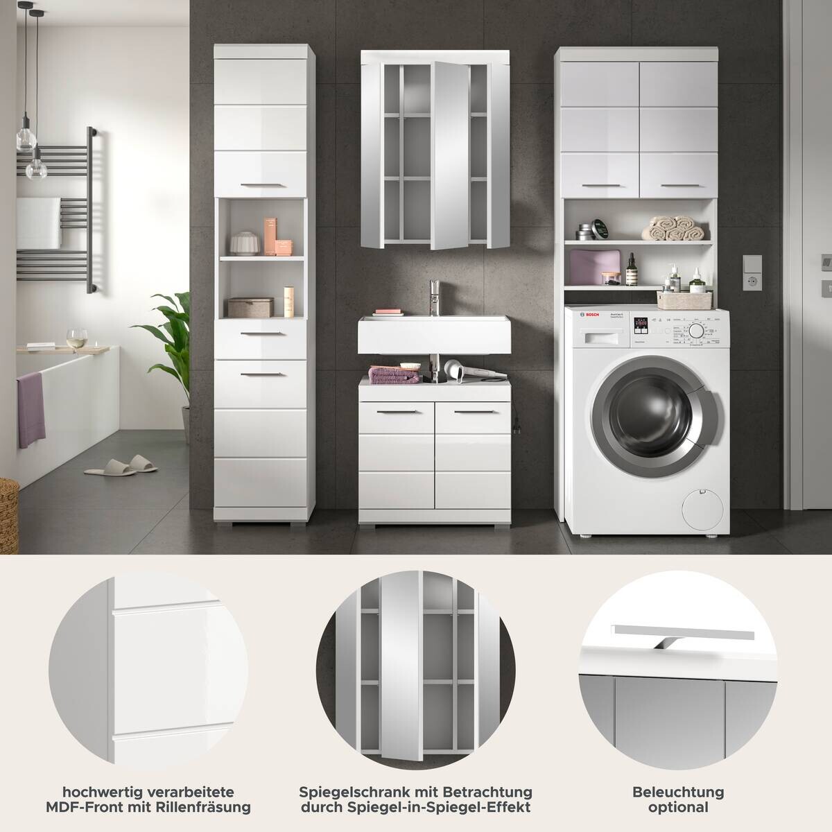 Badezimmer-Set Scout weiß weiß Hochglanz B/H/T: ca. 190x191x34 cm