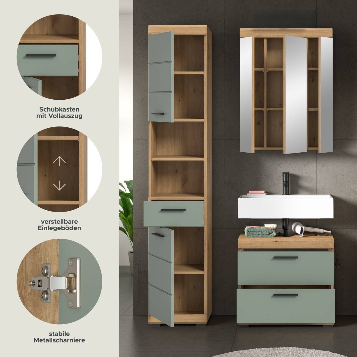 Badezimmer-Set Scout Eiche Artisan Nachbildung salbei Nachbildung B/H/T: ca. 112x191x37 cm