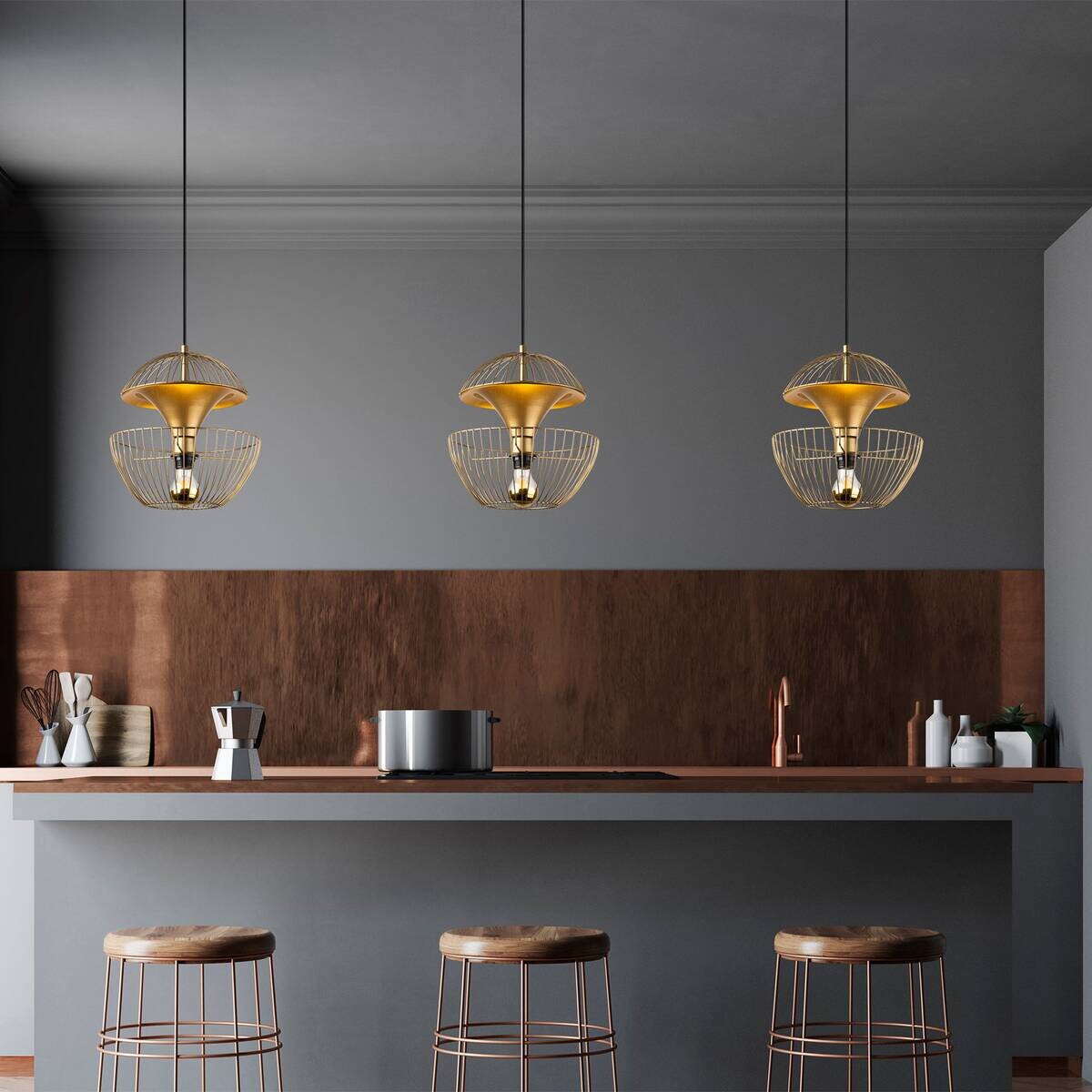 Opviq Pendelleuchte gold Metall B/H/T/L/D: ca. 30x135x30x30x30 cm E27 1 Brennstellen