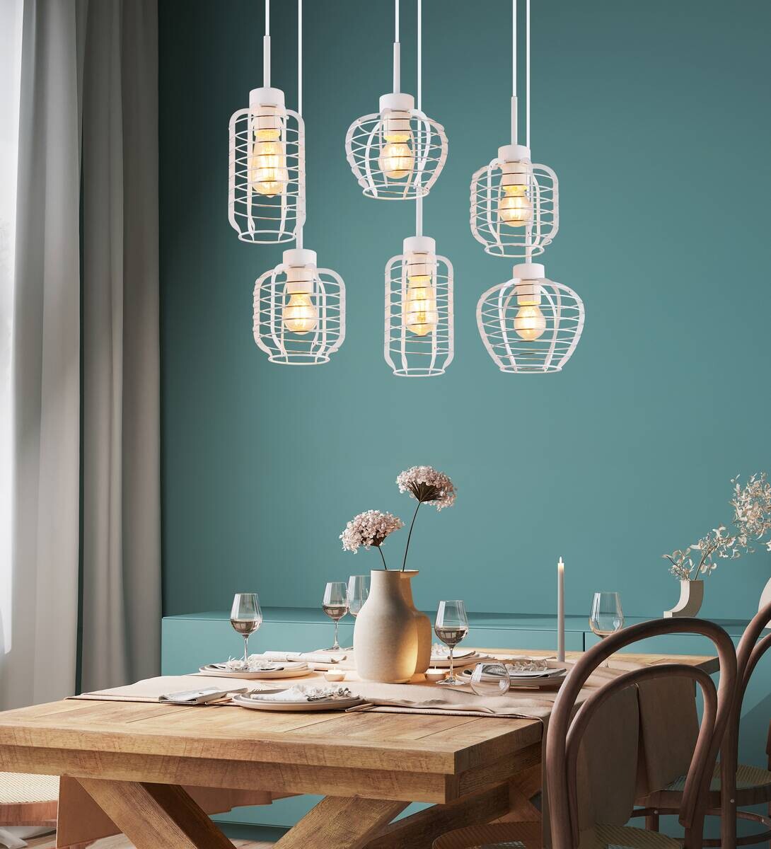 GLOBO Hängeleuchte weiß Chrom Metall Aluminium B/H/L: ca. 55x25x74 cm E27 6 Brennstellen