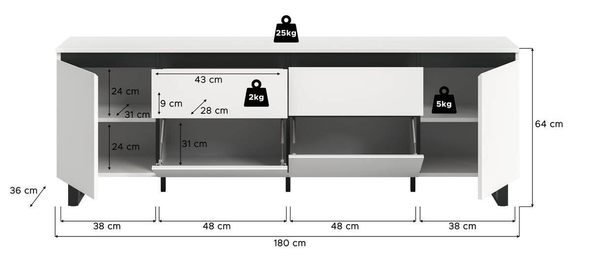 Lowboard Tomasa weiß schwarz B/H/T: ca. 188x65x36 cm