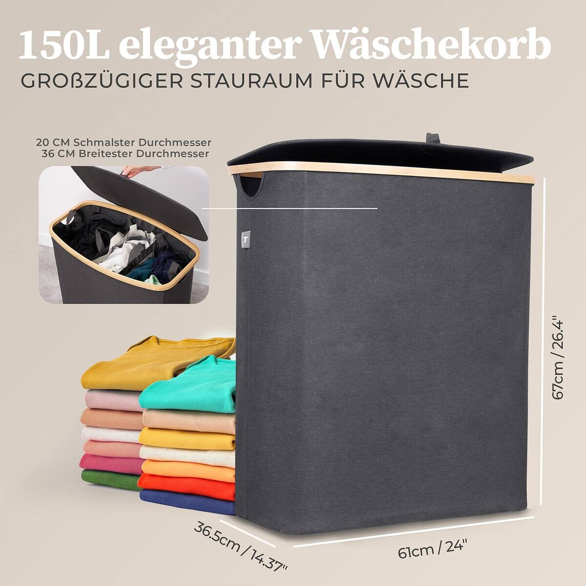 Wäschekorb dunkelgrau Kunststoff B/H/L: ca. 36,5x67x61 cm