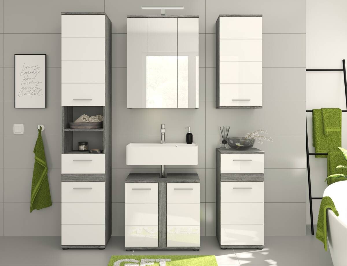 Badezimmer-Set BLAKE Rauchsilber Nachbildung weiß Hochglanz B/H/T: ca. 164x191x34 cm