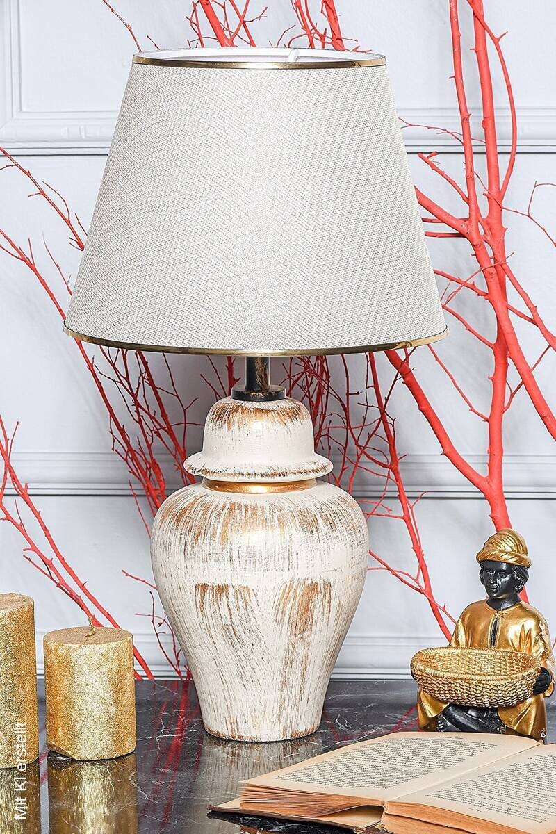 Opviq Tischleuchte beige gold Metall Stoff B/H/T/L/D: ca. 18x50x18x18x18 cm E27 1 Brennstellen