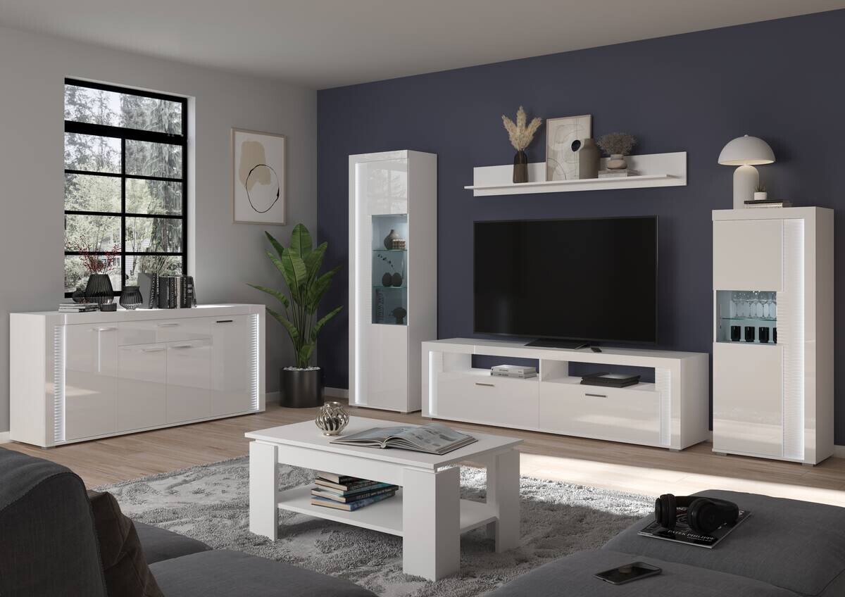 Wohnwand SKYLIGHT weiß weiß Hochglanz Pasol grau B/H/T: ca. 351x202x46 cm