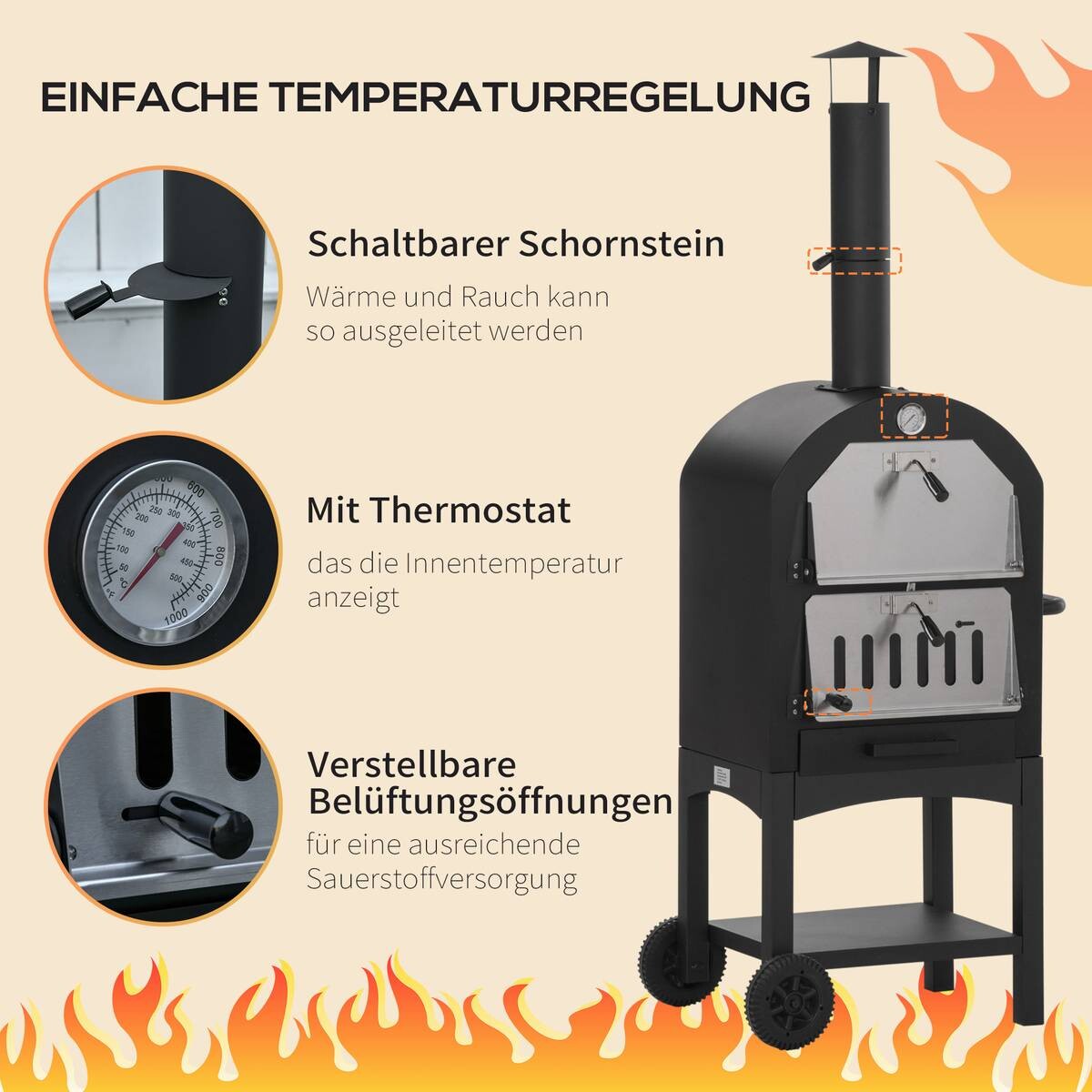 Outsunny Pizzaofen mit Schornstein schwarz Stahl B/H/L: ca. 54x161x63 cm
