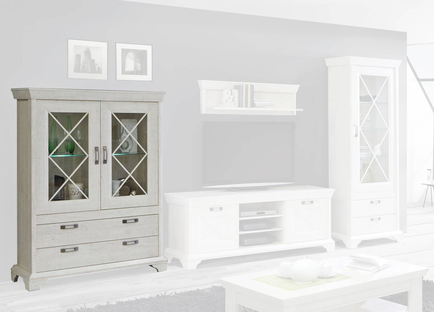 Vitrine weiß Pinie Nachbildung B/H/T: ca. 123x162x48 cm