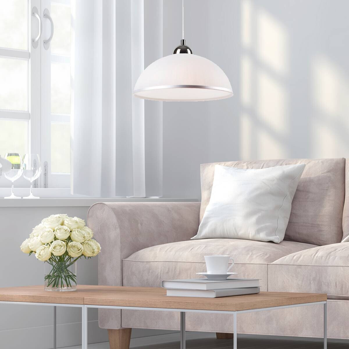 Lamkur Pendelleuchte Mel weiß Stahl Glas H/L: ca. 75x30 cm E27 1 Brennstellen