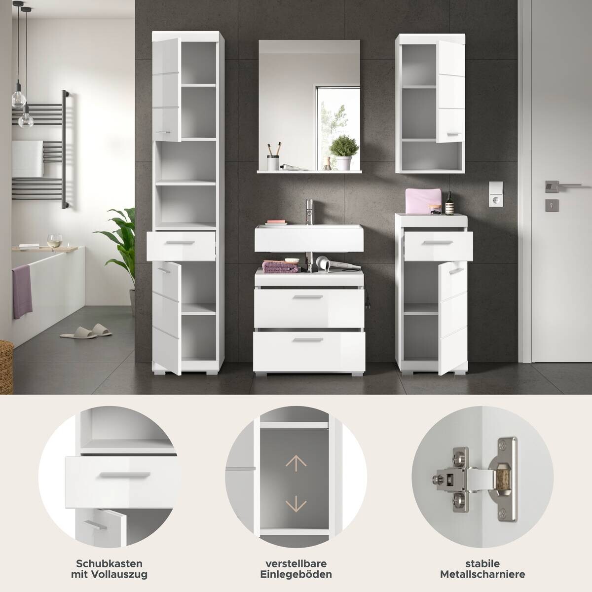 Badezimmer-Set Scout weiß weiß Hochglanz B/H/T: ca. 164x191x37 cm