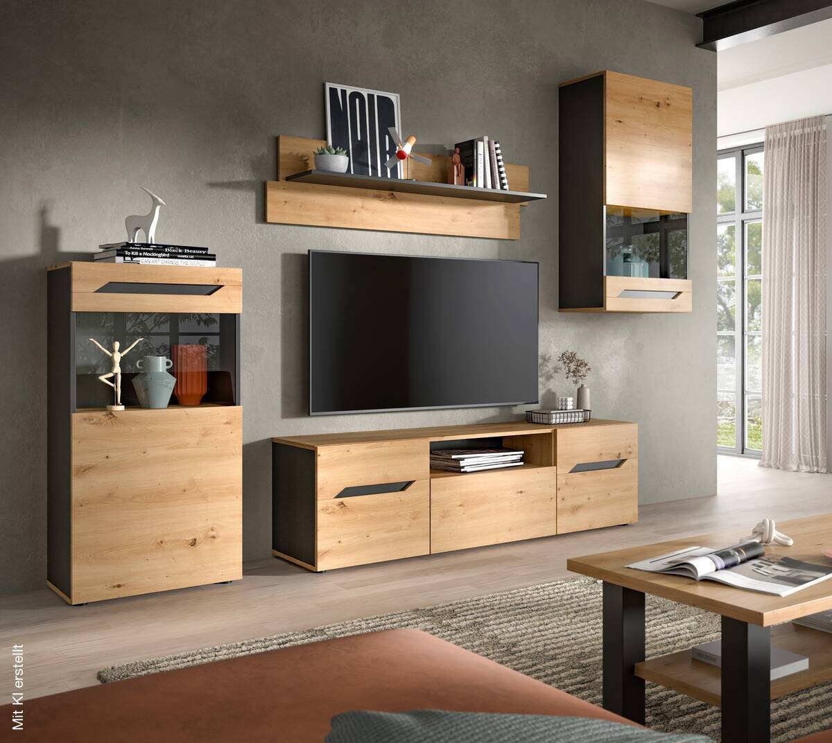 Wohnwand Caserta basaltgrau Nachbildung Artisan Oak Nachbildung B/H/T: ca. 253x196x40 cm