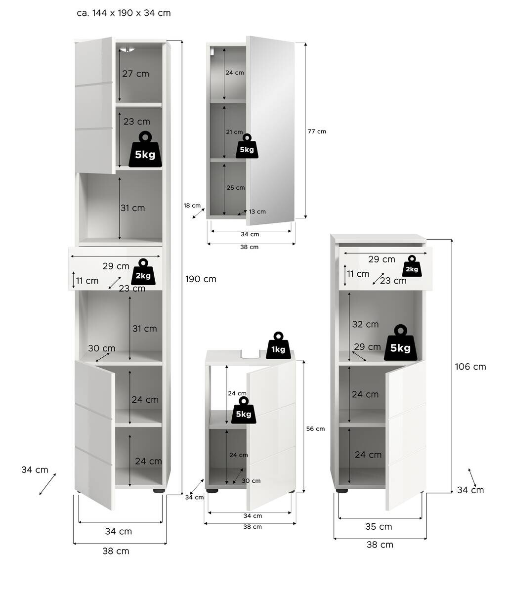 Badezimmer-Set VIRA weiß weiß Hochglanz B/H/T: ca. 144x190x34 cm