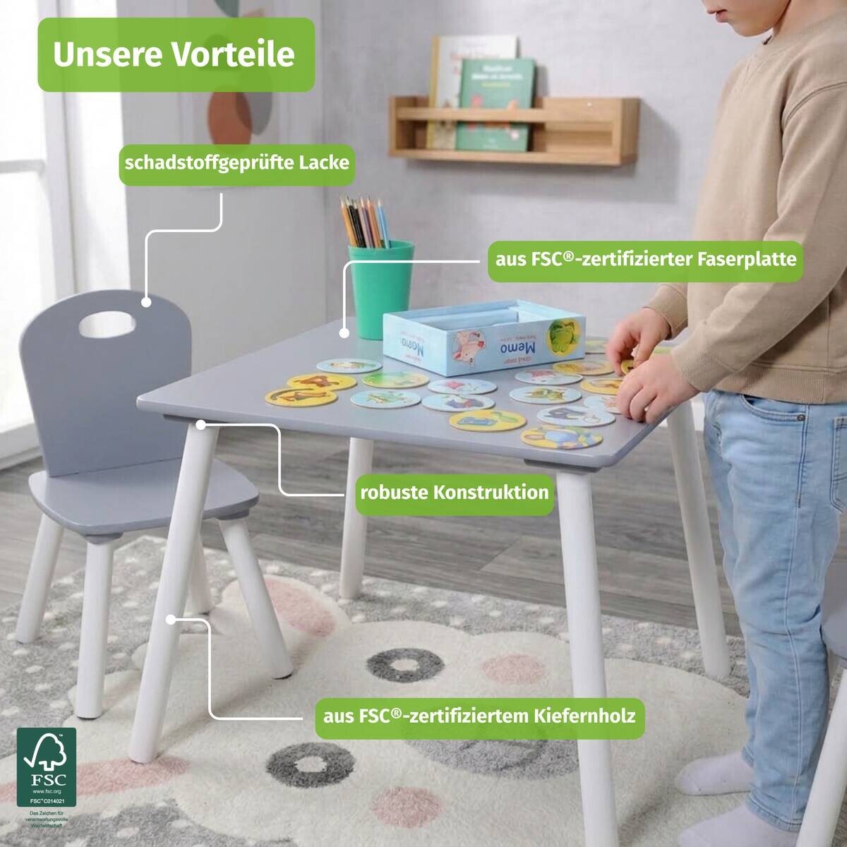 Kesper Kindertisch mit 2 Stühlen grau Spanplatte B/H/L: ca. 55x45x55 cm | grau | 55,00/45,00/55,00 cm