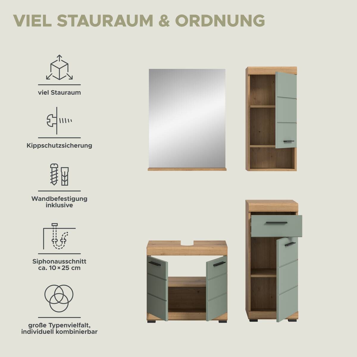 Badezimmer-Set Scout Eiche Artisan Nachbildung salbei Nachbildung B/H/T: ca. 112x191x34 cm
