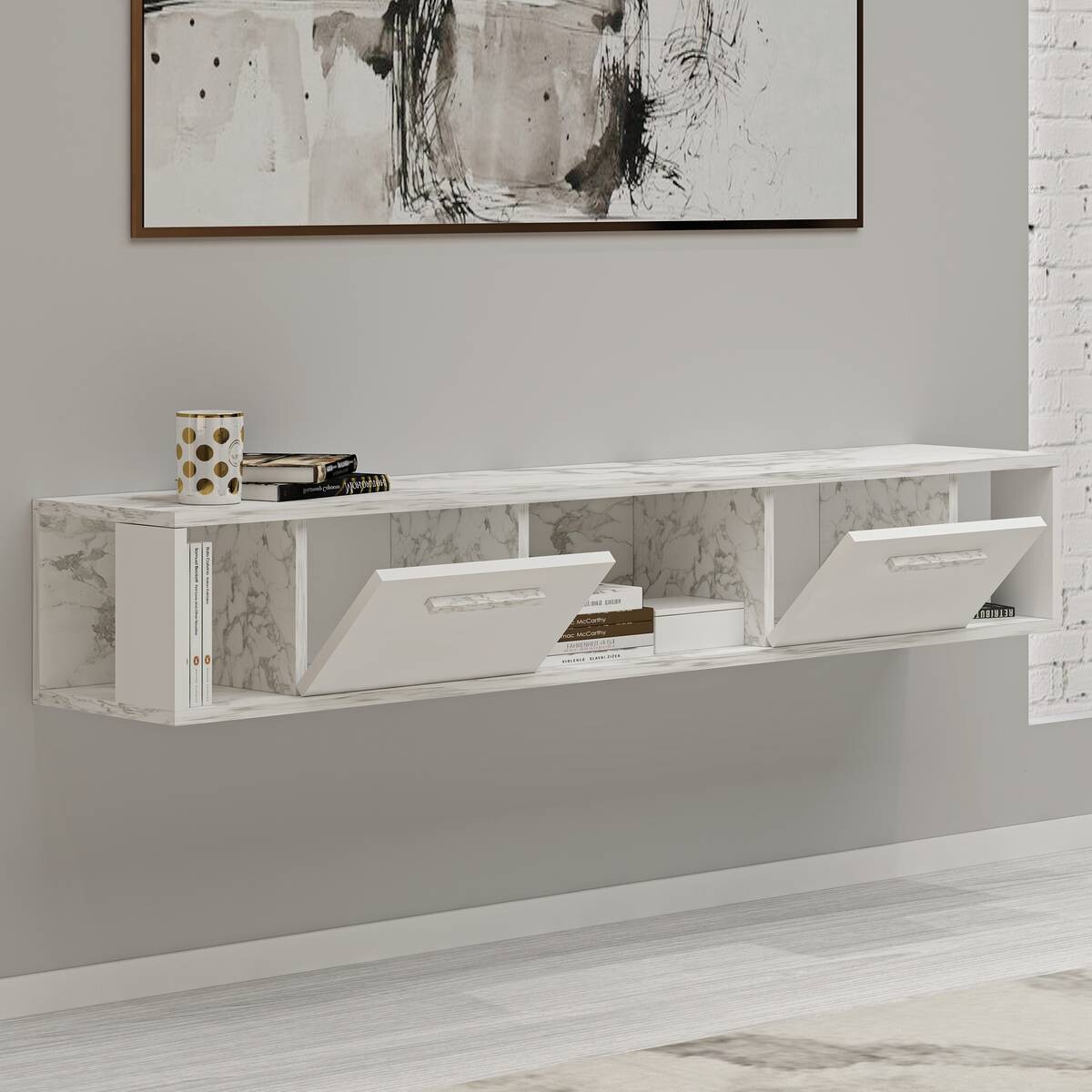 TV-Lowboard Aldora weiß Marmoroptik B/H/T: ca. 160x30x30 cm