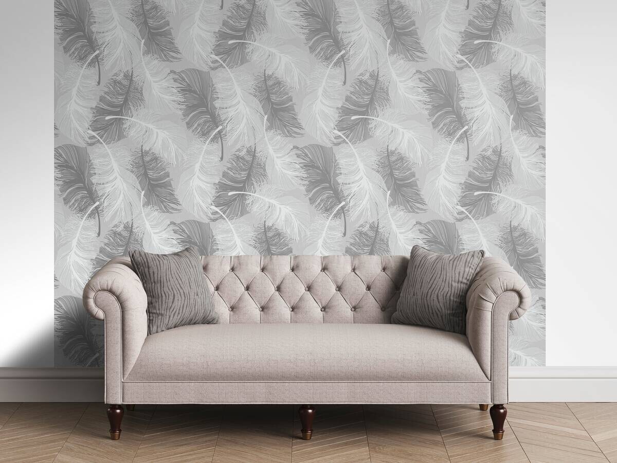 UGEPA Vinyltapete Federn grau weiß B/L: ca. 53x1005 cm glitzernd