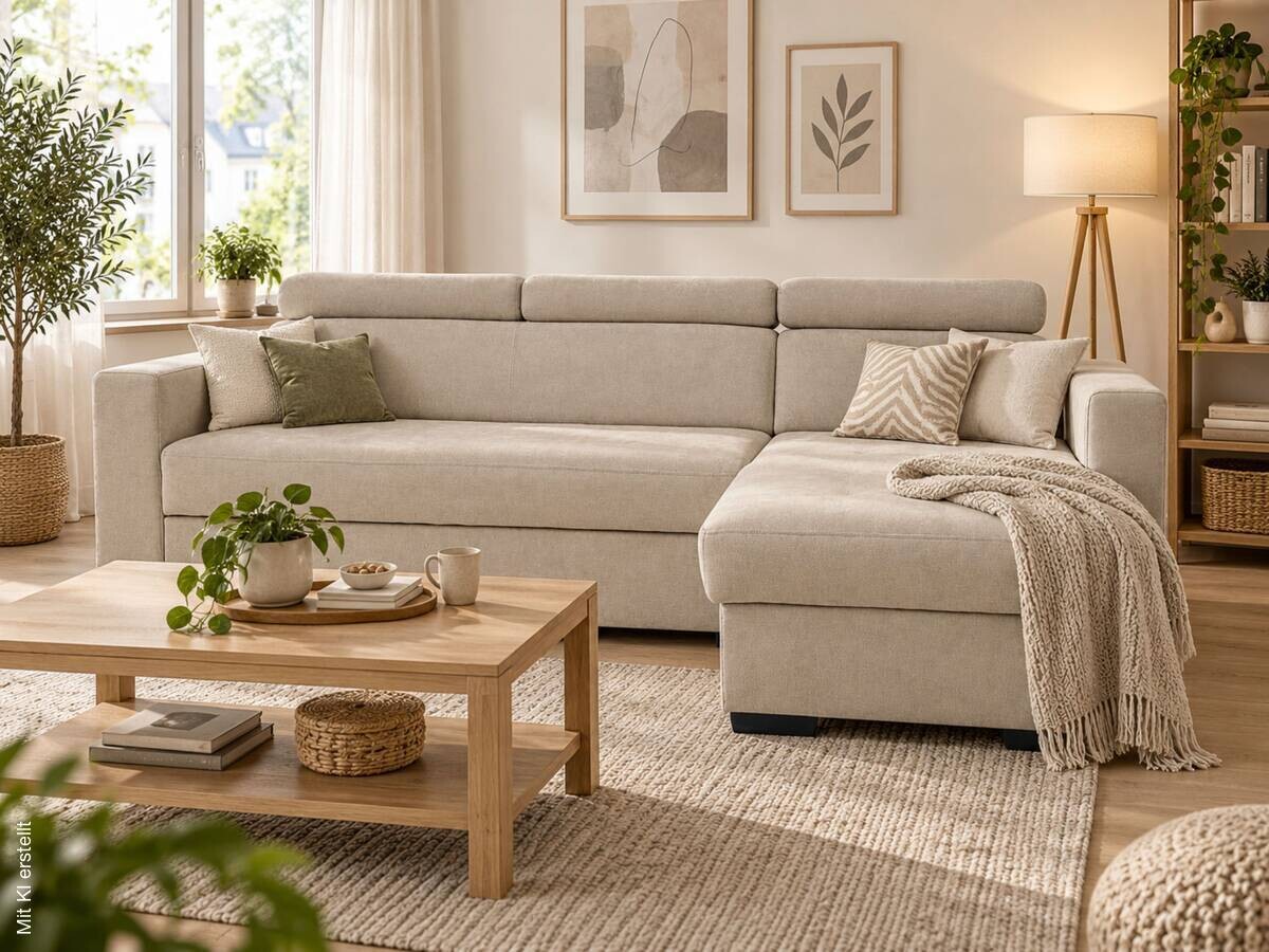 Ecksofa mit Bettfunktion und Bettkasten beige Microfaser B/T: ca. 238x170 cm