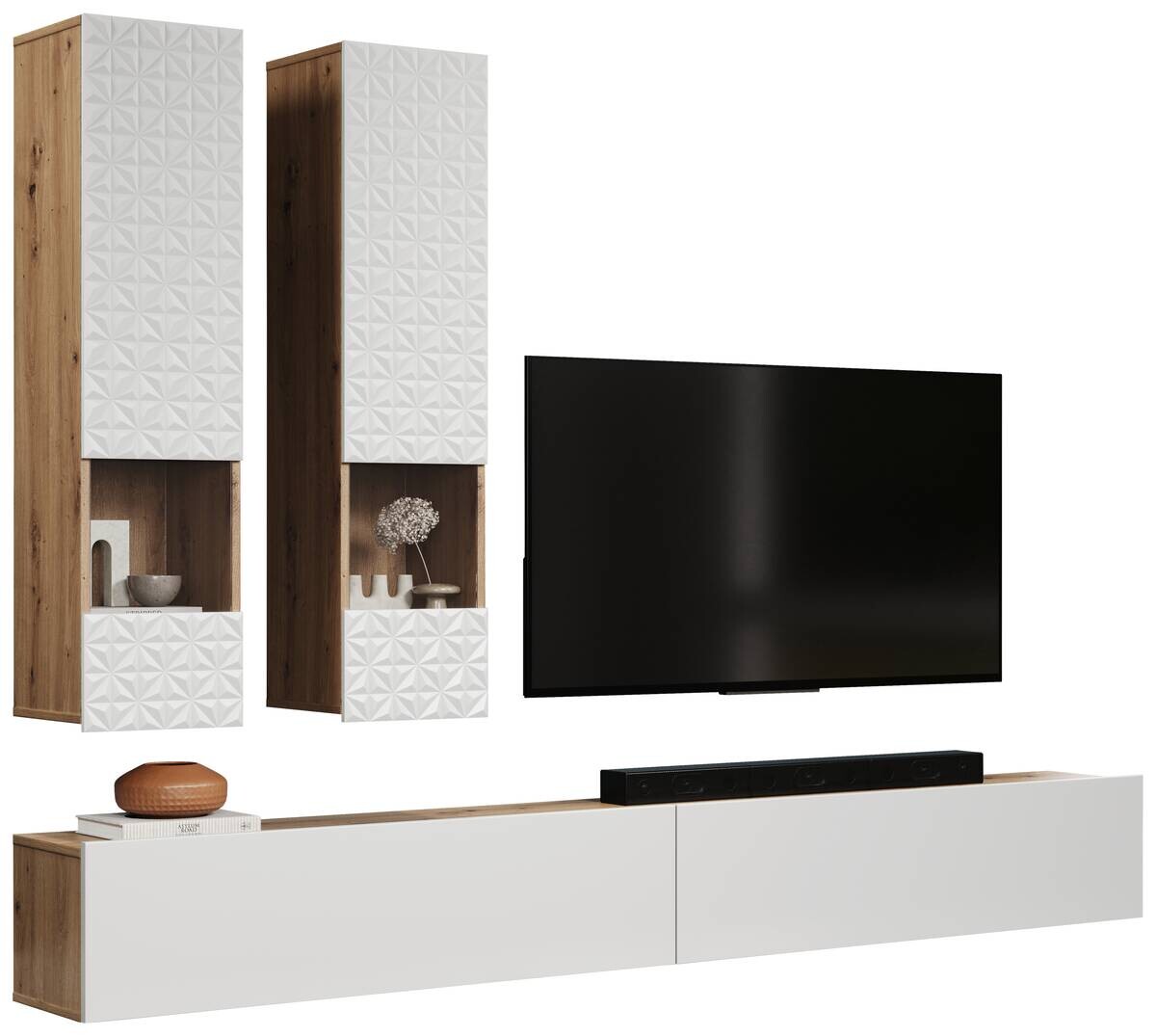 Wohnwand Rezzo weiß Oak Artisan Nachbildung B/H/T: ca. 241x200x30 cm