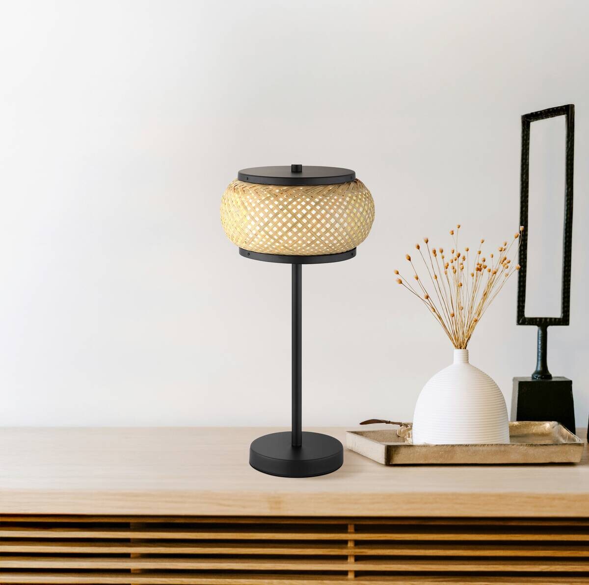 GLOBO Tischleuchte mattschwarz natur Metall Bambus H/D: ca. 46,1x22 cm 1 Brennstellen
