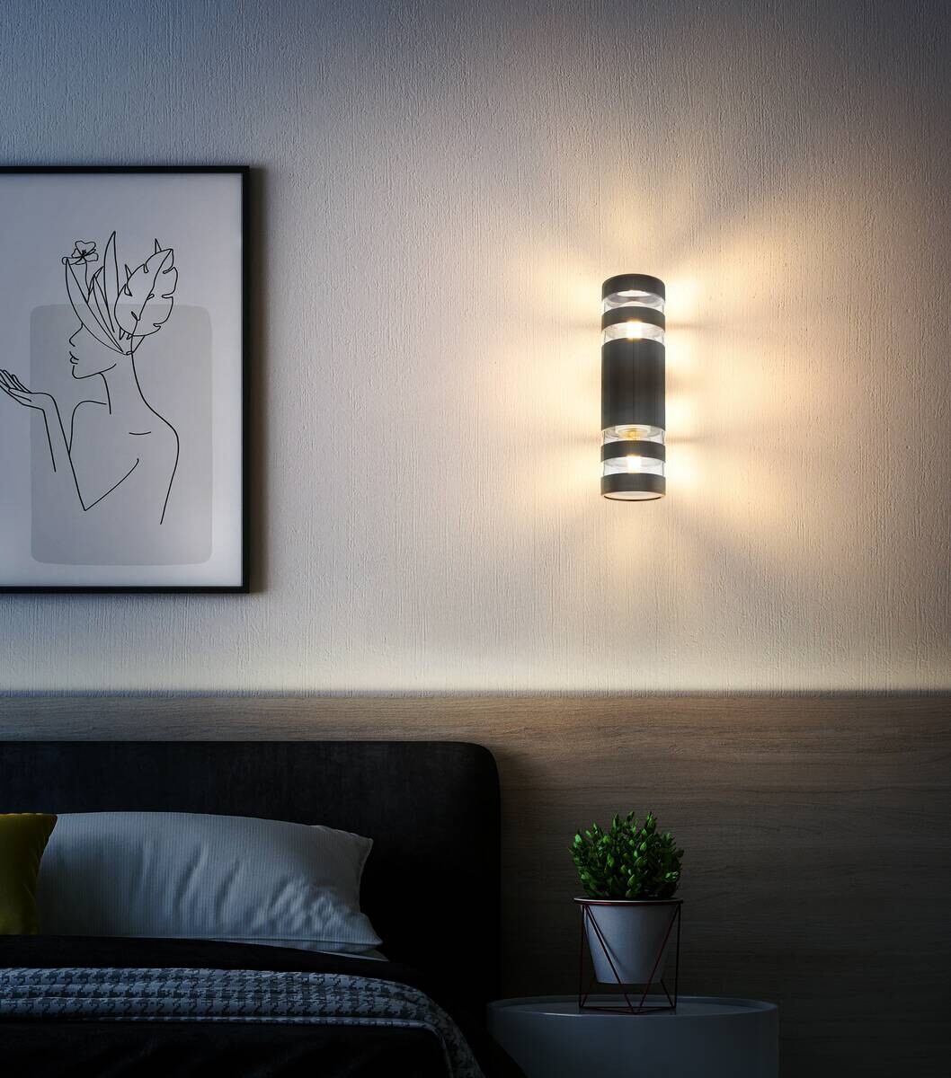 GLOBO Wandleuchte schwarz klar Glas Kunststoff B/H: ca. 6,5x22 cm E27 2 Brennstellen