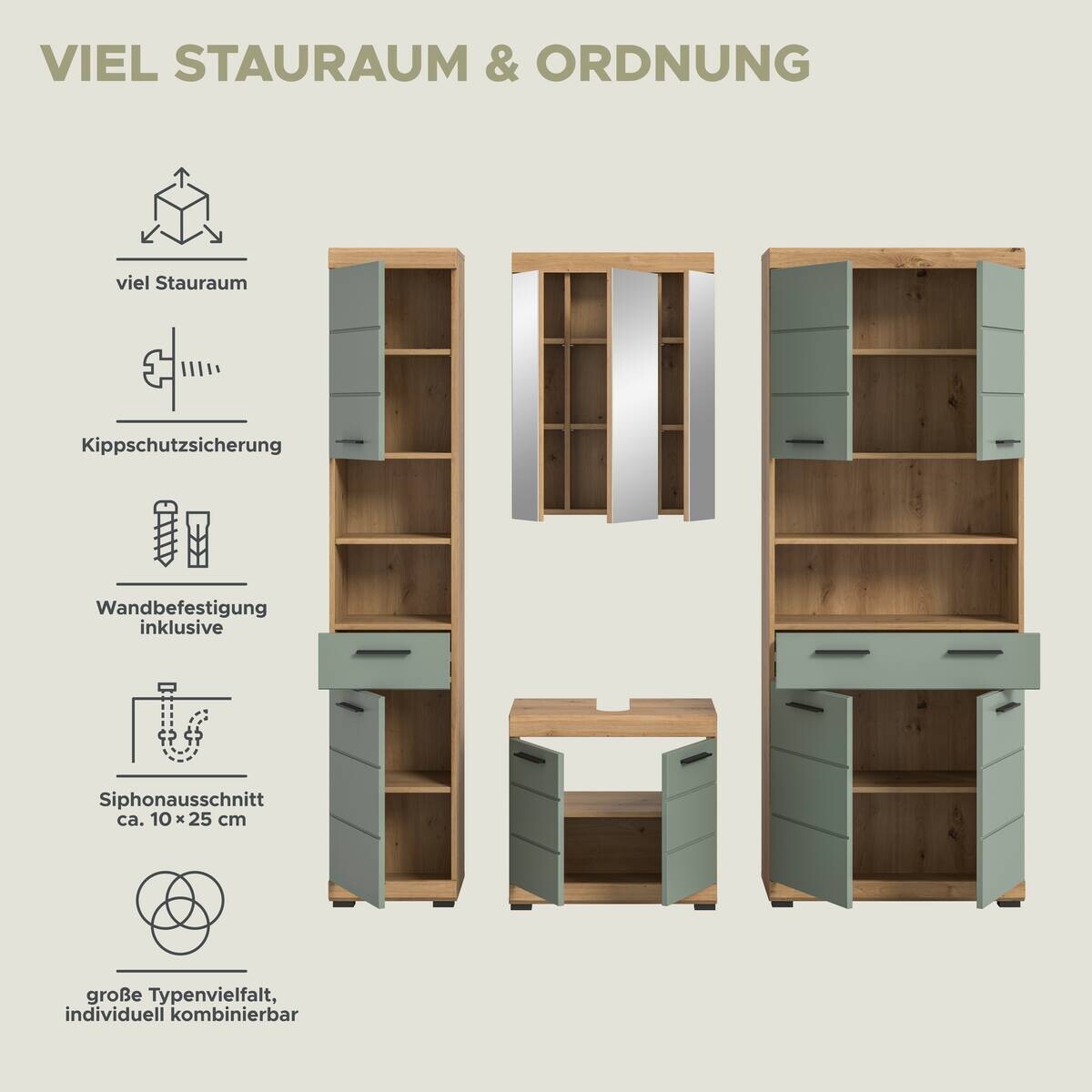 Badezimmer-Set Scout Eiche Artisan Nachbildung salbei Nachbildung B/H/T: ca. 186x191x34 cm