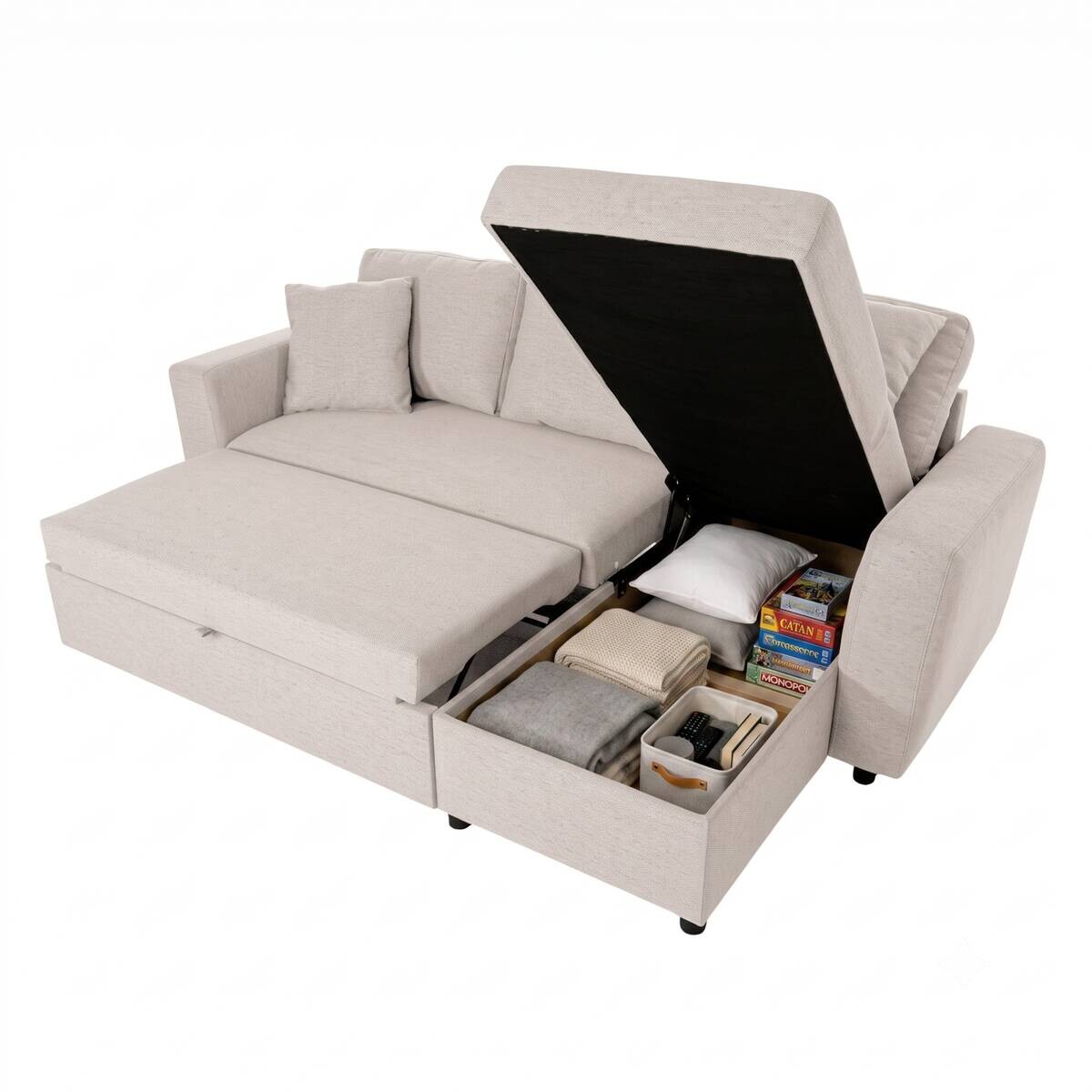 Ecksofa mit Bettfunktion und Bettkasten beige Webstoff B/H/T: ca. 234x86x144 cm