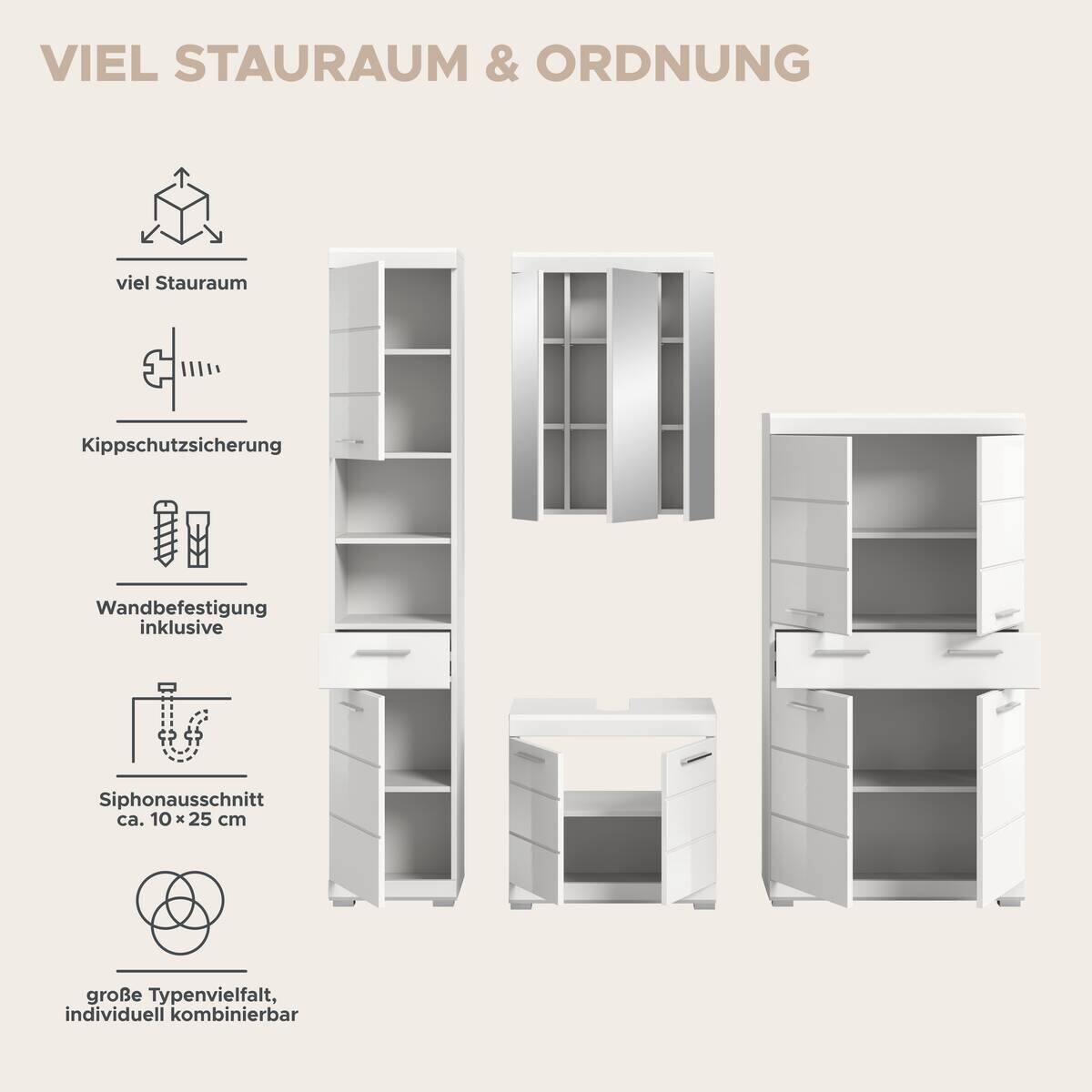 Badezimmer-Set Scout weiß weiß Hochglanz B/H/T: ca. 186x191x34 cm